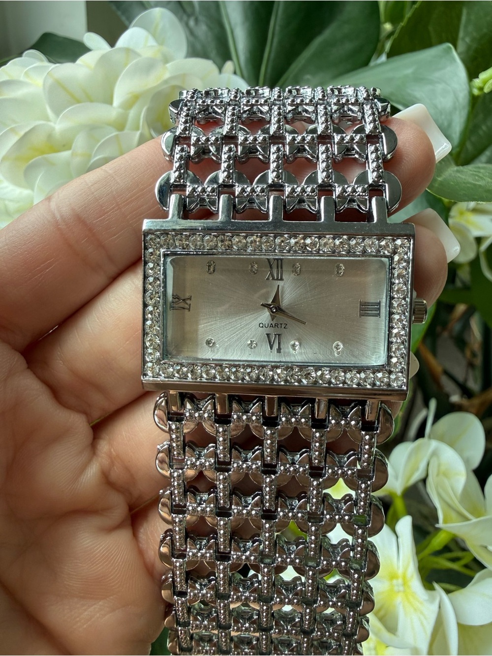 Silver Tone Crystal Bracelet Watch Rectangle Rhinestone Statement Watch